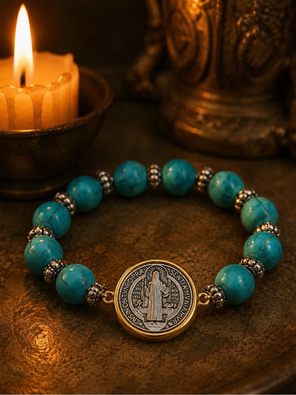 St Benedict Turquoise Bead Stretch Bracelet Catholic Boho Protection